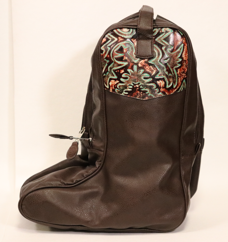 Brown Leather Boot Bag with Embossed Designs 