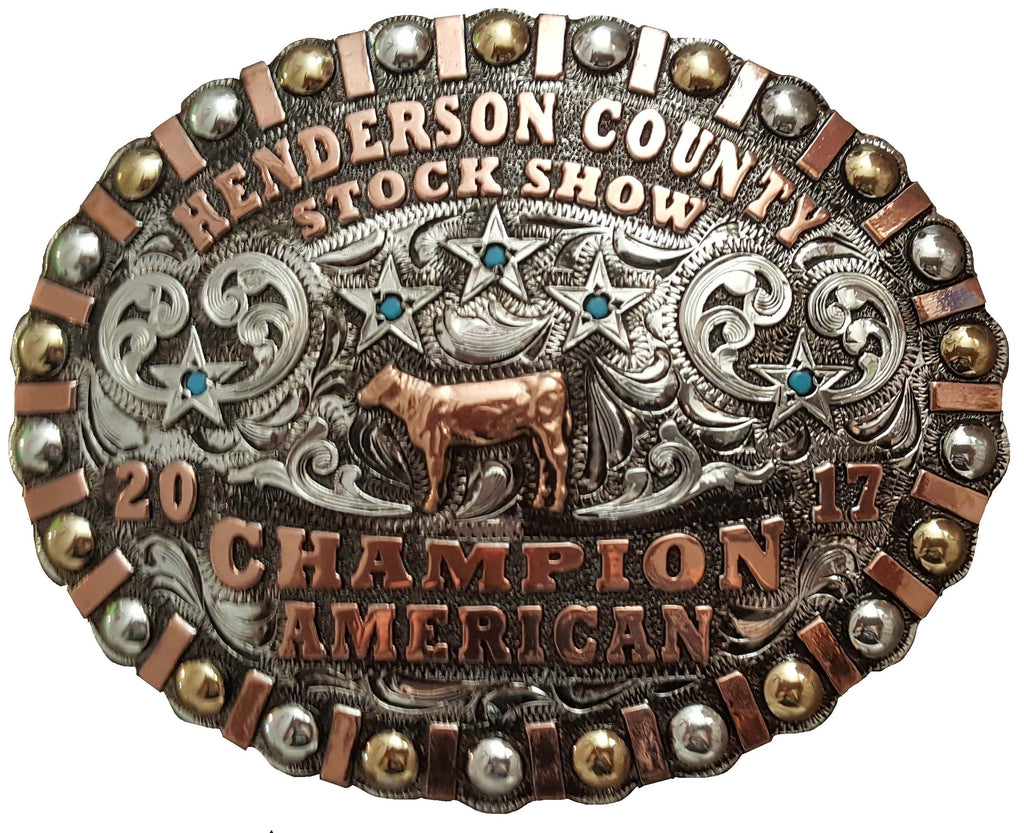 IN STOCK SHOWMAN CHAMPION- Showing trophy buckles on-time for your